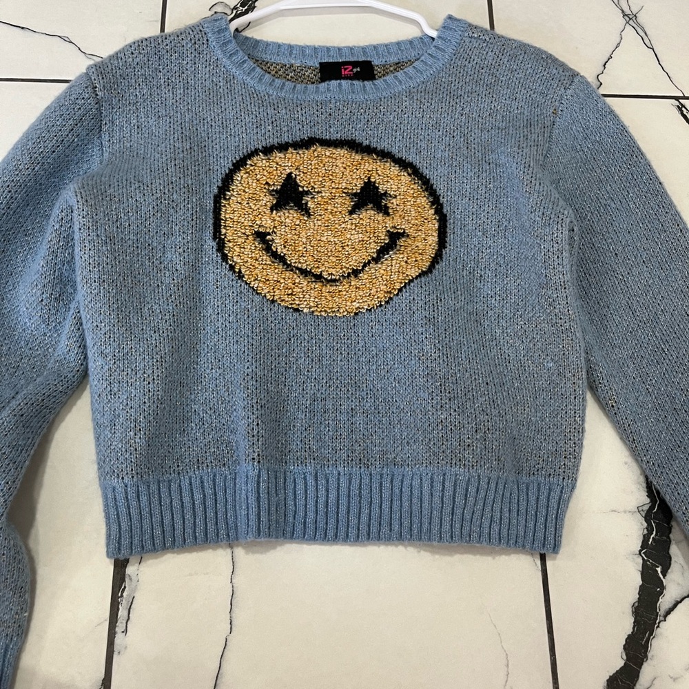 Iz Byer Blue Sweater with Gold Smiley Face